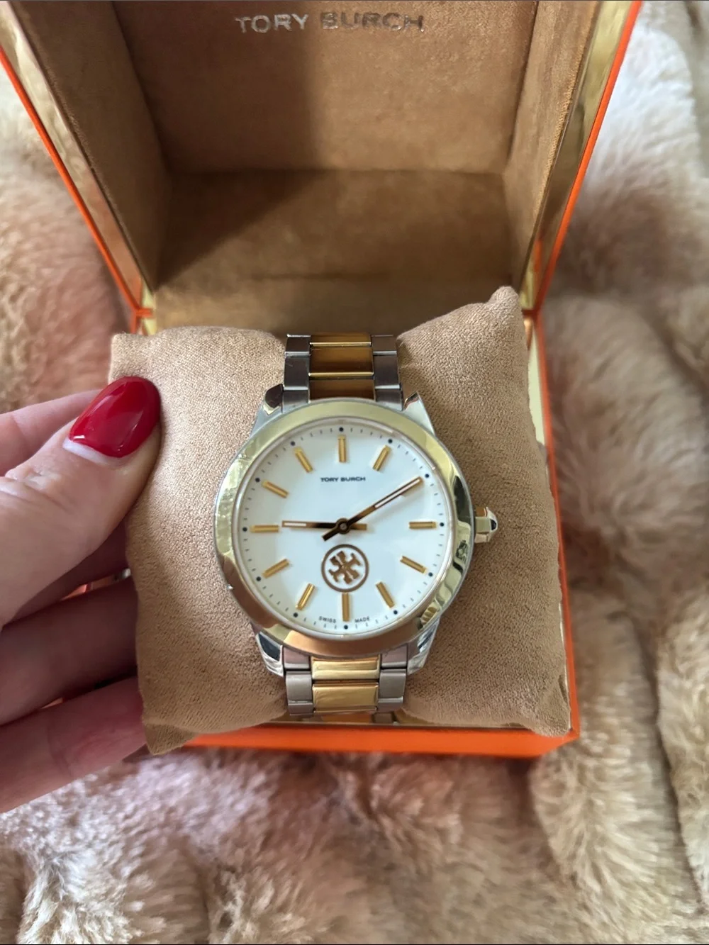 Tory Burch Two-Tone Gold and Silver Stainless Steel Watch with White Dial